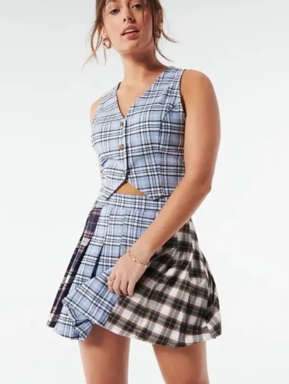 Hollister Multi Plaid Mini Skirt & Vest Set